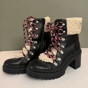 Women’s Faux-Shearling Lace-Up Block Heel Boots - Black